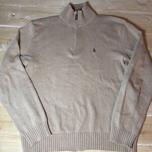 Polo Ralph Lauren Sweater Knit 1/4 Zip Camel Khaki Cotton Mens M Brown Pony Vtg